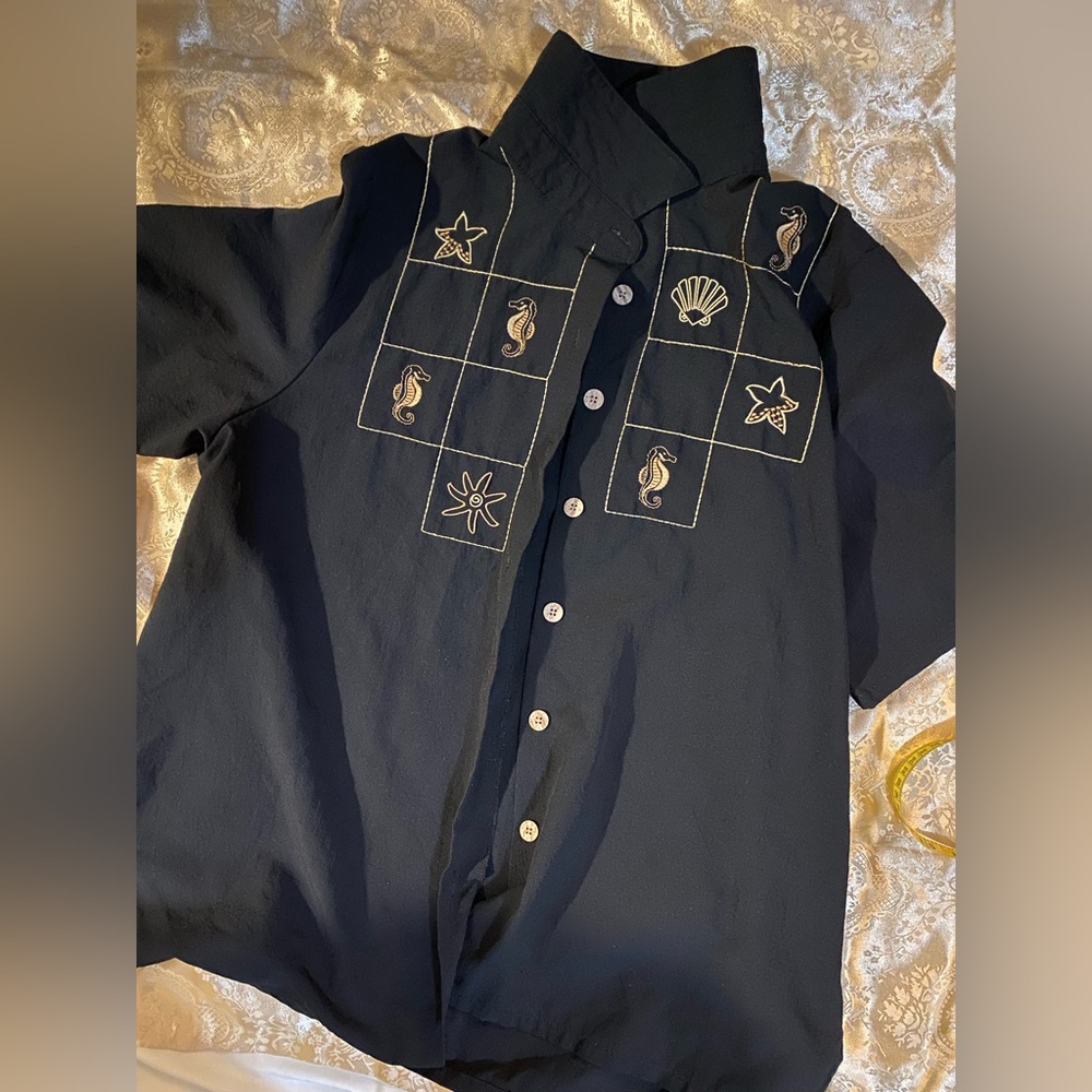 Black Embroidered Button Down T-Shirt